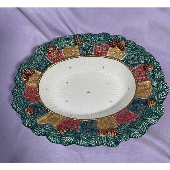 Fitz and Floyd DAMASK CHRISTMAS 1995 Oval Bowl Holly Pinecones Gold Star Box - Picture 1 of 4